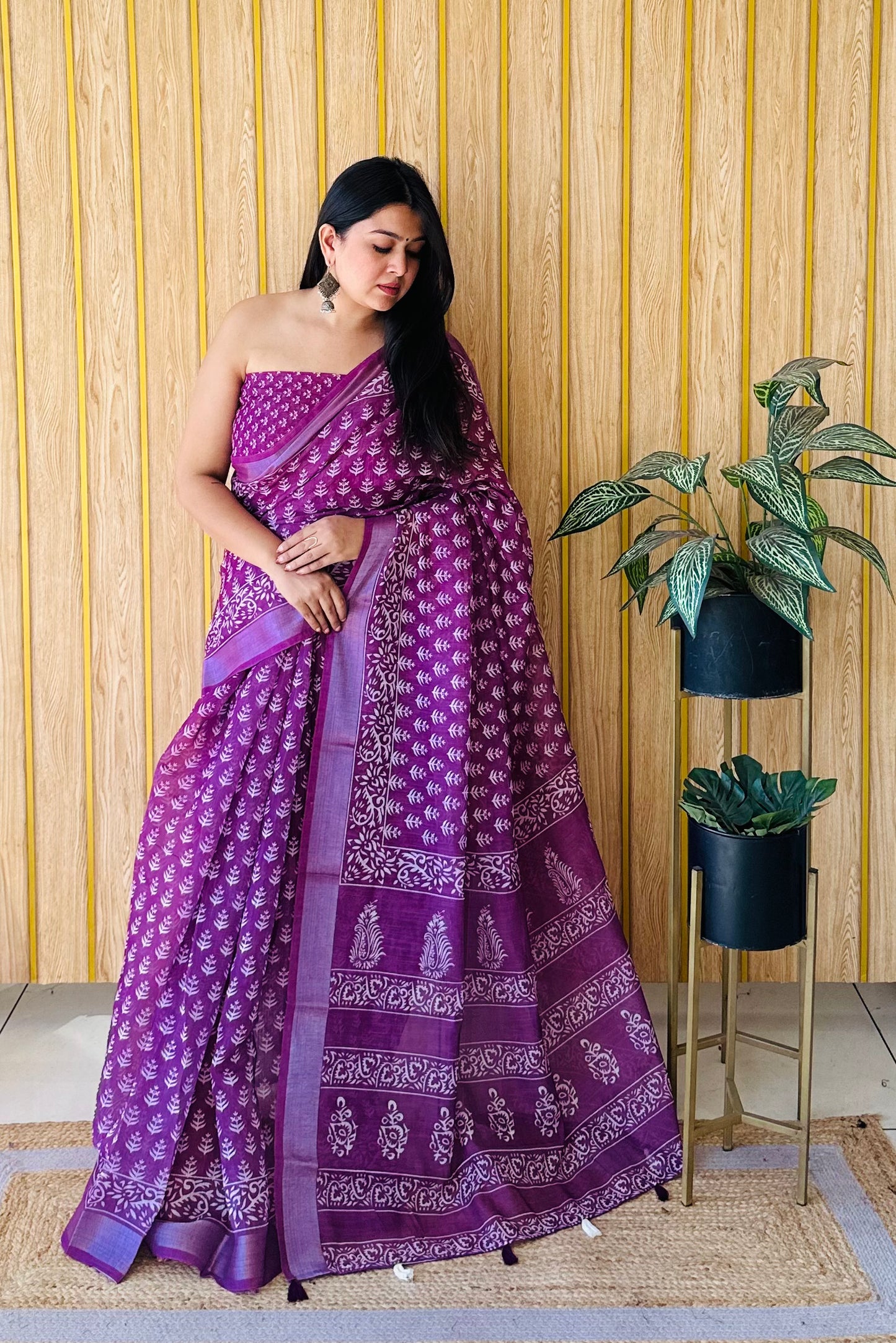 Purple Color Soft Linen Cotton Digital Print Saree Very Premium And Rich Quality