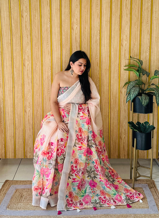 We Brought Exclusive Peach Color Wedding Soft Linen Cotton Digital Print Saree With Silver Border