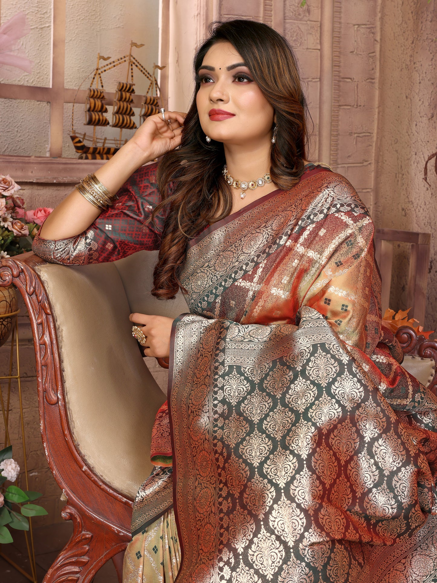 Beige Kundan kochi silk saree with beautiful Checks weaving exclusive work soft comfy