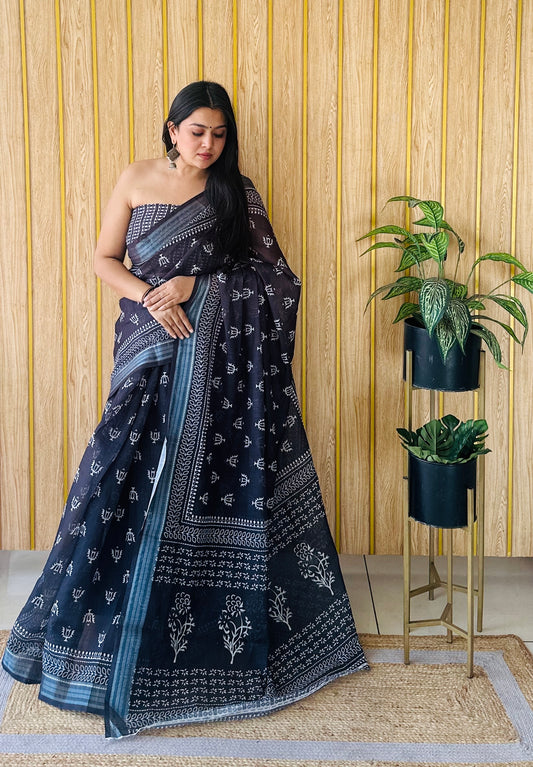 Black Color Soft Linen Cotton Digital Print Saree Very Premium And Rich Quality