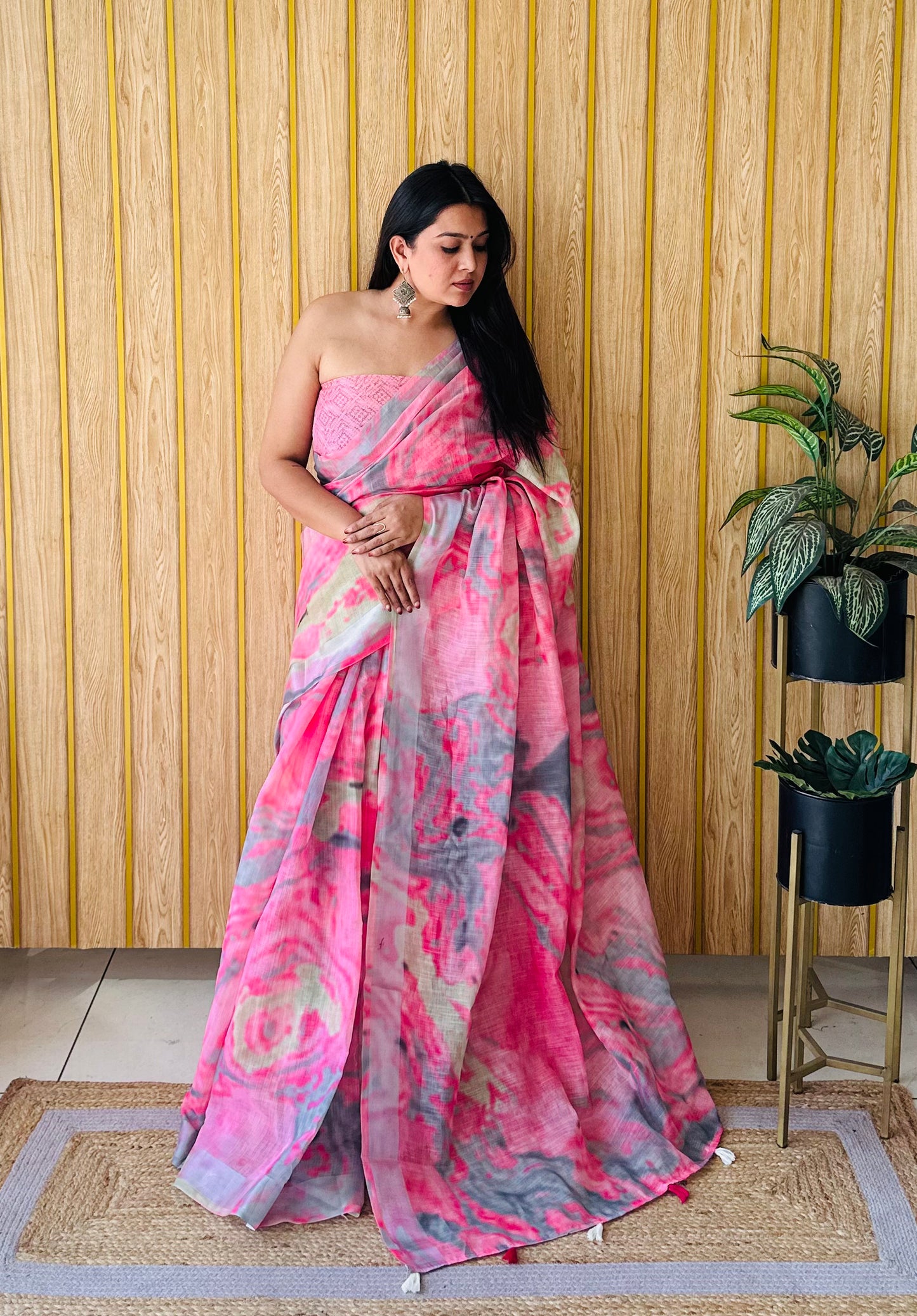 Pink Color Soft Linen Cotton Digital Print Saree Very Premium And Rich Quality