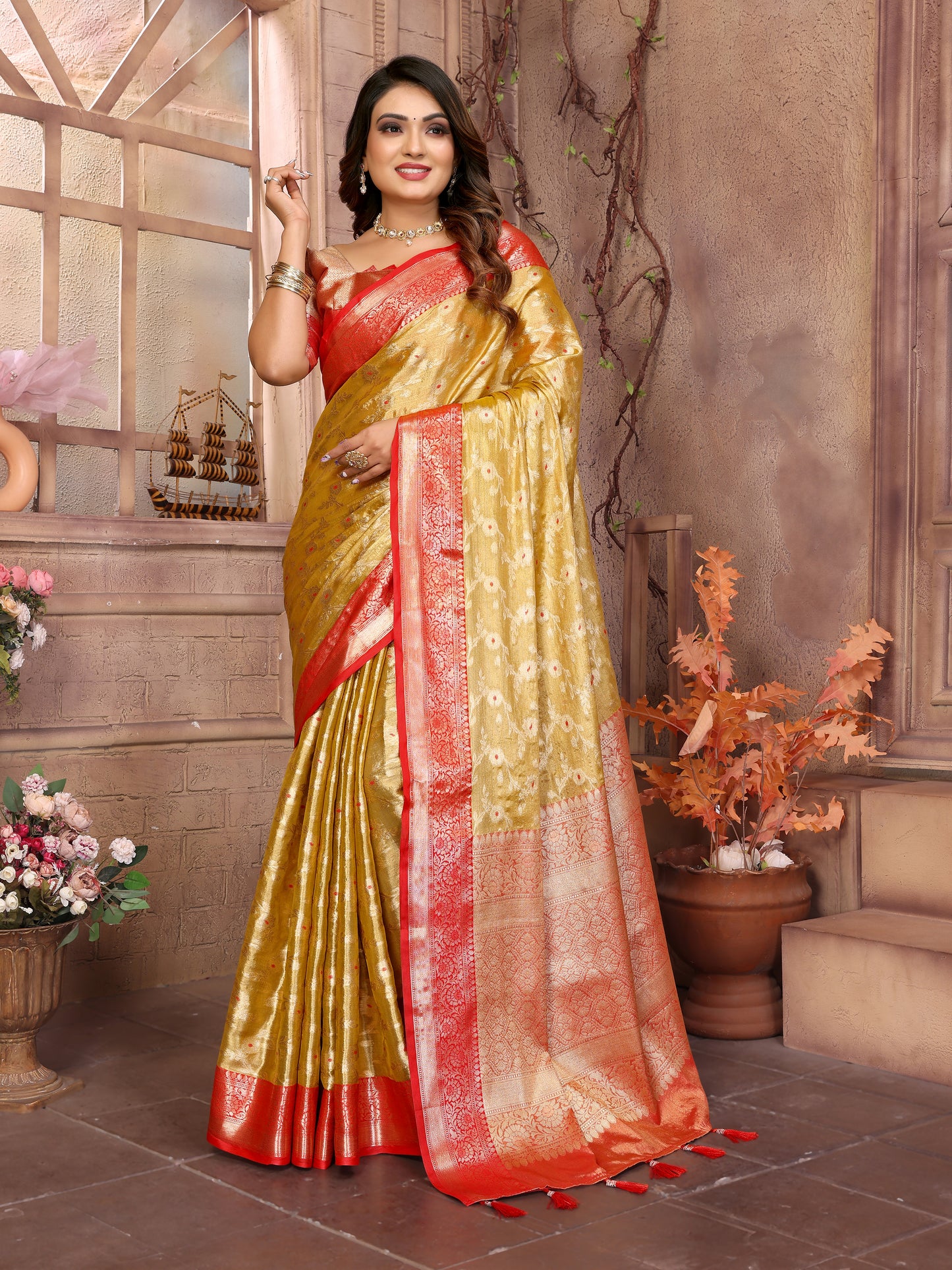 Yellow Color Handloom Tissue Silk Saree With Zari Designs And Contrast Border