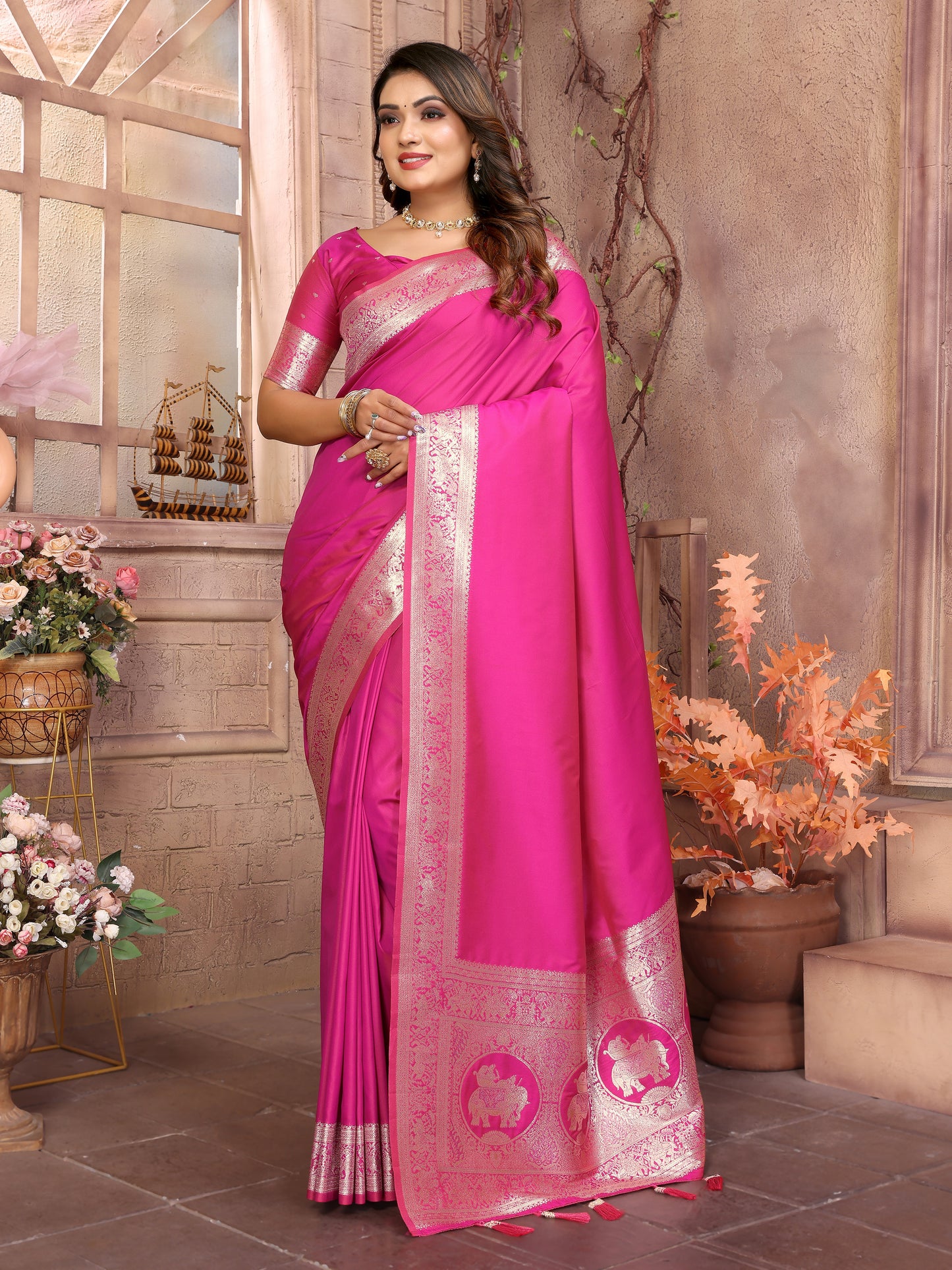 Pink Rani Banarasi silk saree with beautiful Gala weaving exclusive work soft comfy