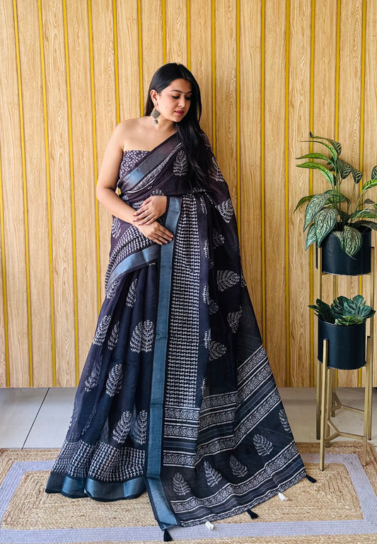 Exclusive Quality Beautiful Black Color Soft Linen Cotton Digital Print Saree