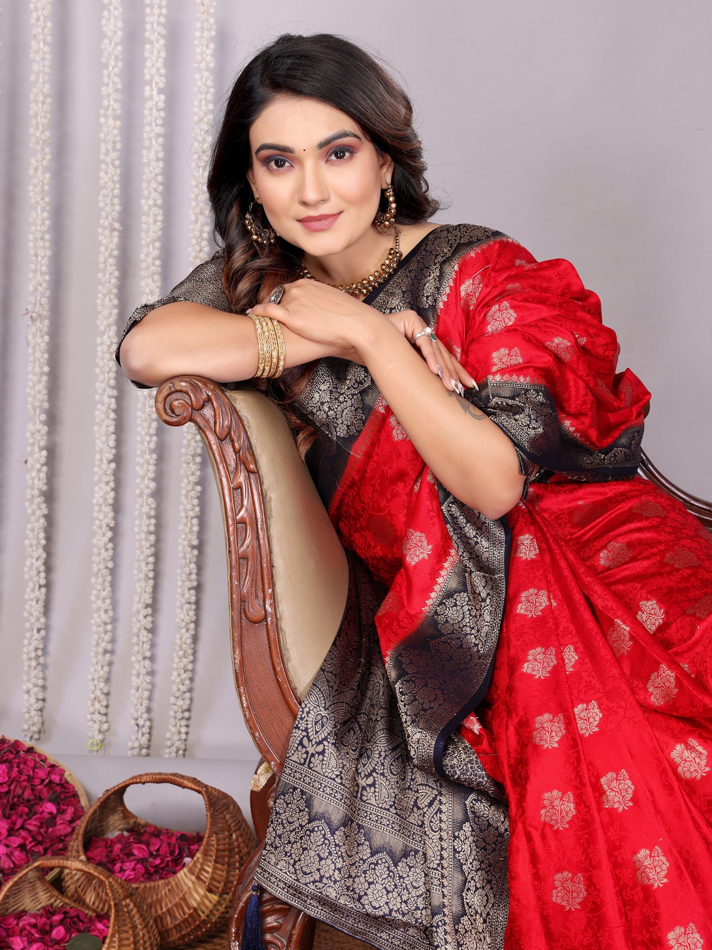 Red Color Exclusive Satin Silk Sarees With All Over Zari Weaving Butta Designs