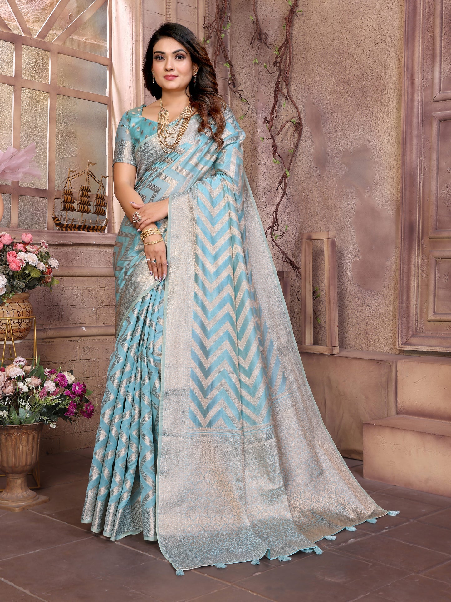 Sky Color Premium Superior Soft Organza Silk Banarasi Saree With Zari Border