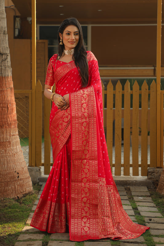 Red Toral Bandhej Kanjivaram silk saree with Zari Weaving Rich Pallu