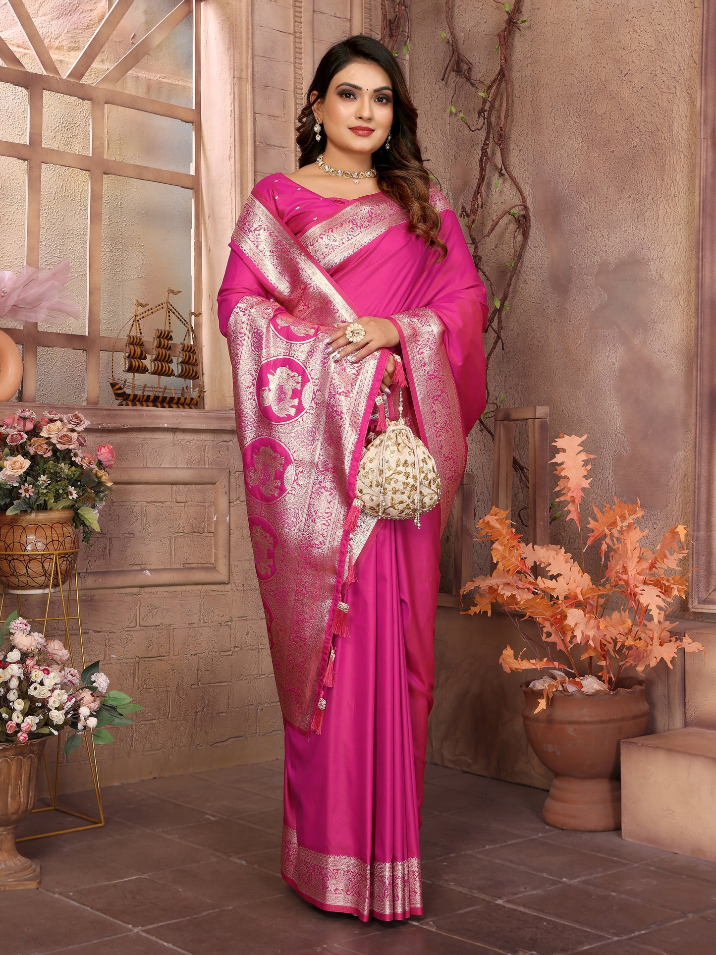 Pink Rani Banarasi silk saree with beautiful Gala weaving exclusive work soft comfy