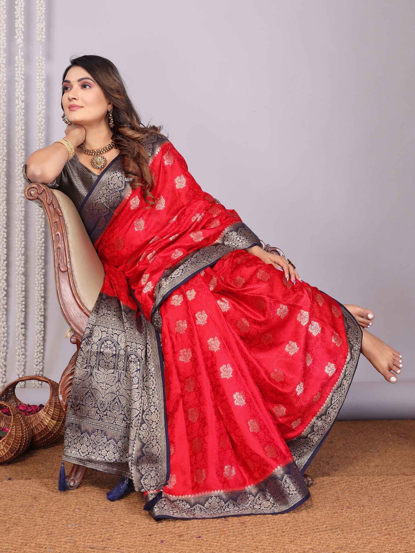 Red Color Exclusive Satin Silk Sarees With All Over Zari Weaving Butta Designs
