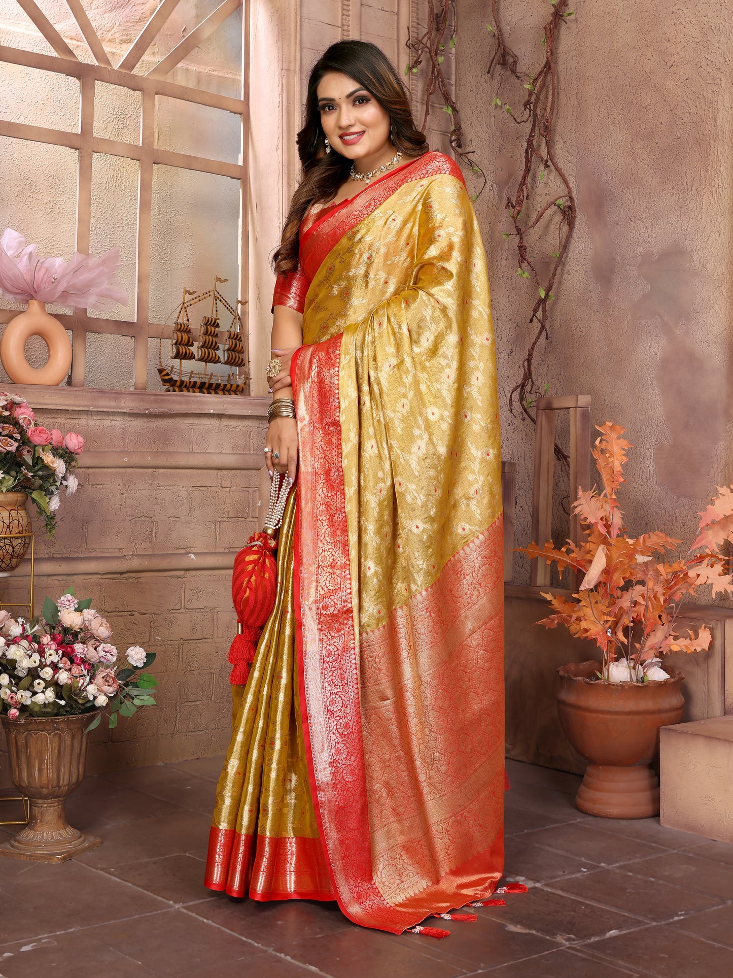 Yellow Color Handloom Tissue Silk Saree With Zari Designs And Contrast Border