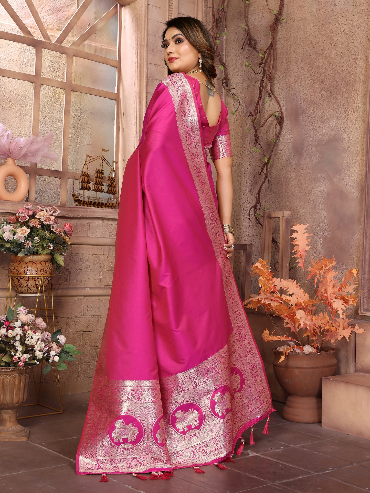 Pink Rani Banarasi silk saree with beautiful Gala weaving exclusive work soft comfy