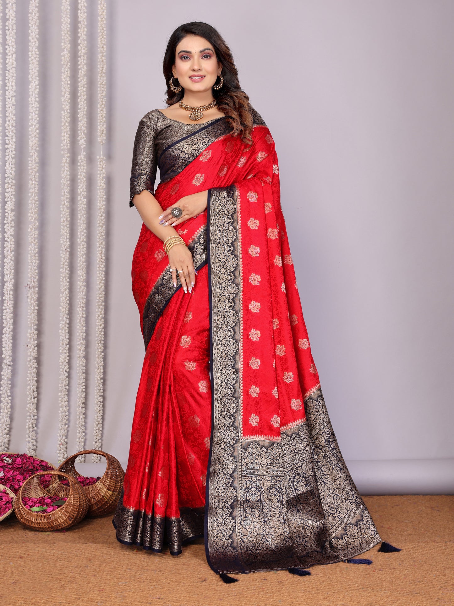 Red Color Exclusive Satin Silk Sarees With All Over Zari Weaving Butta Designs