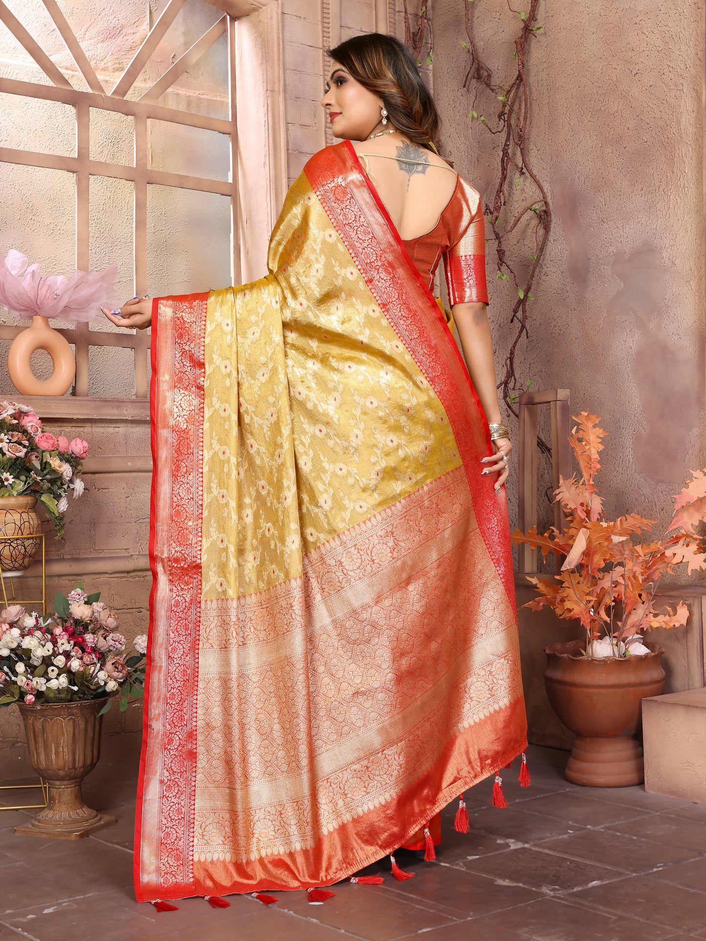 Yellow Color Handloom Tissue Silk Saree With Zari Designs And Contrast Border