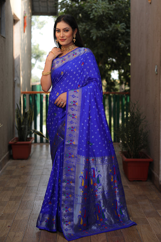 Blue Yogeshwari Dola Soft Silk Bandhej Sarees With Jari Weaving Butti