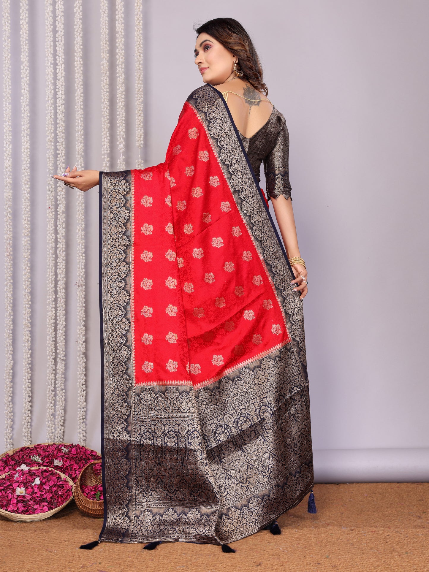 Red Color Exclusive Satin Silk Sarees With All Over Zari Weaving Butta Designs