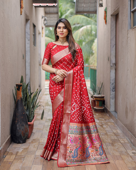 Red Yashomati Dola Soft Silk Bandhej Sarees With Jari Weaving Border