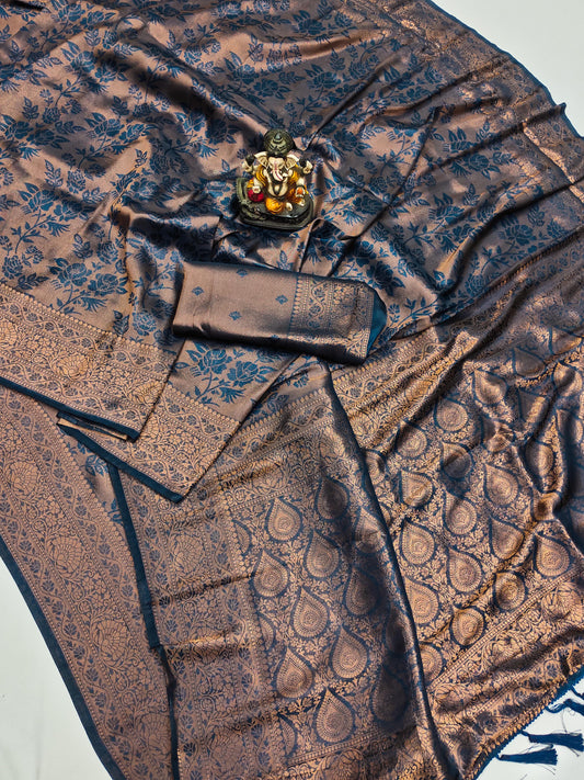 नेवी ब्लू रोज़ा सॉफ्ट सिल्क कांजीवरम मिश्रण साड़ी सुंदर बुनाई विशेष काम के साथ