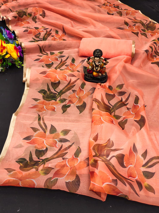 Orange Color Traditional And Classic With Best Quality Organza Digital Print