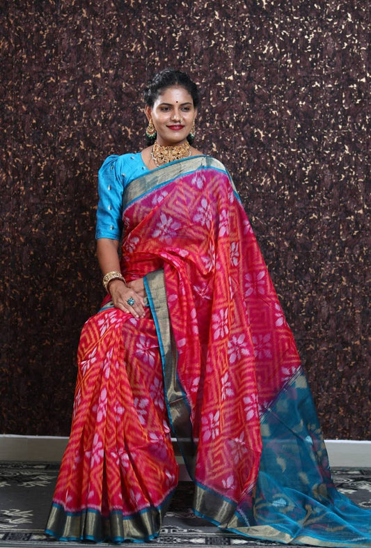 Red-Blue Color Super Beautiful Ikkat Patola Digital Print Saree With Golden Border