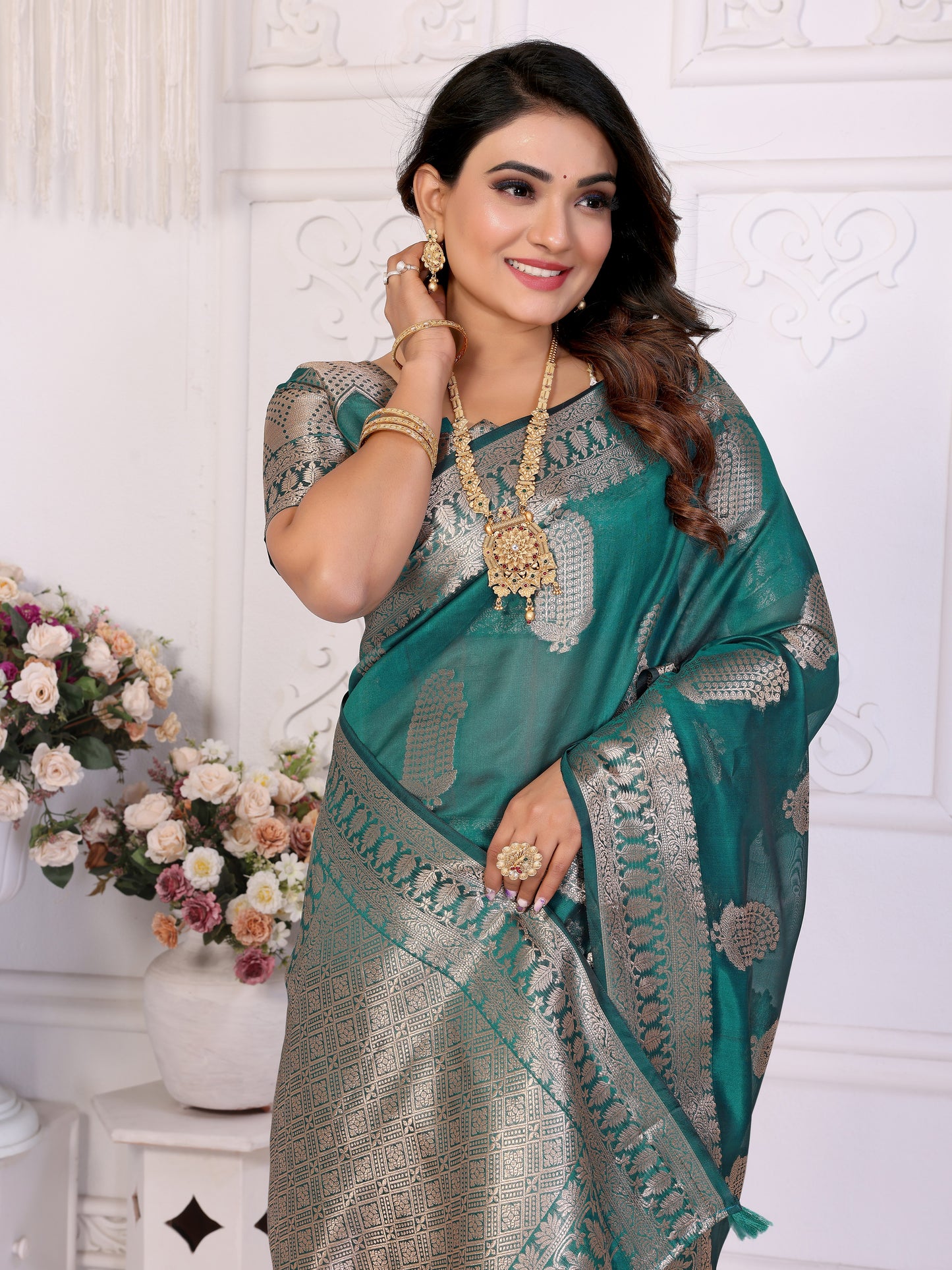 Teal Color Premium And Superior Soft Organza Silk Banarasi Saree Butta With Unique Colour