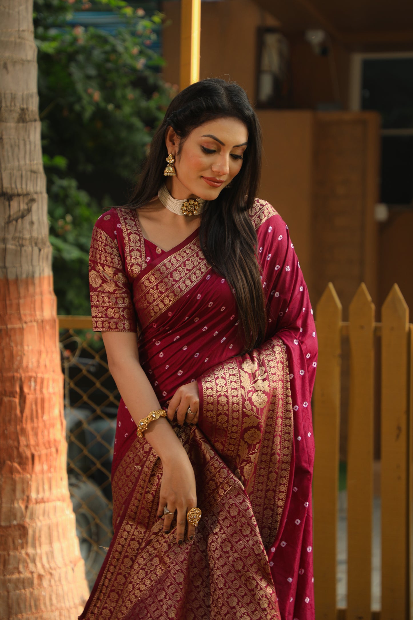 Maroon Toral Bandhej Kanjivaram silk saree with Zari Weaving Rich Pallu