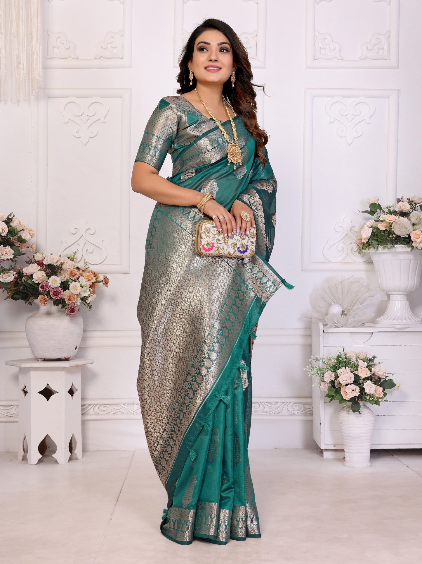 Teal Color Premium And Superior Soft Organza Silk Banarasi Saree Butta With Unique Colour