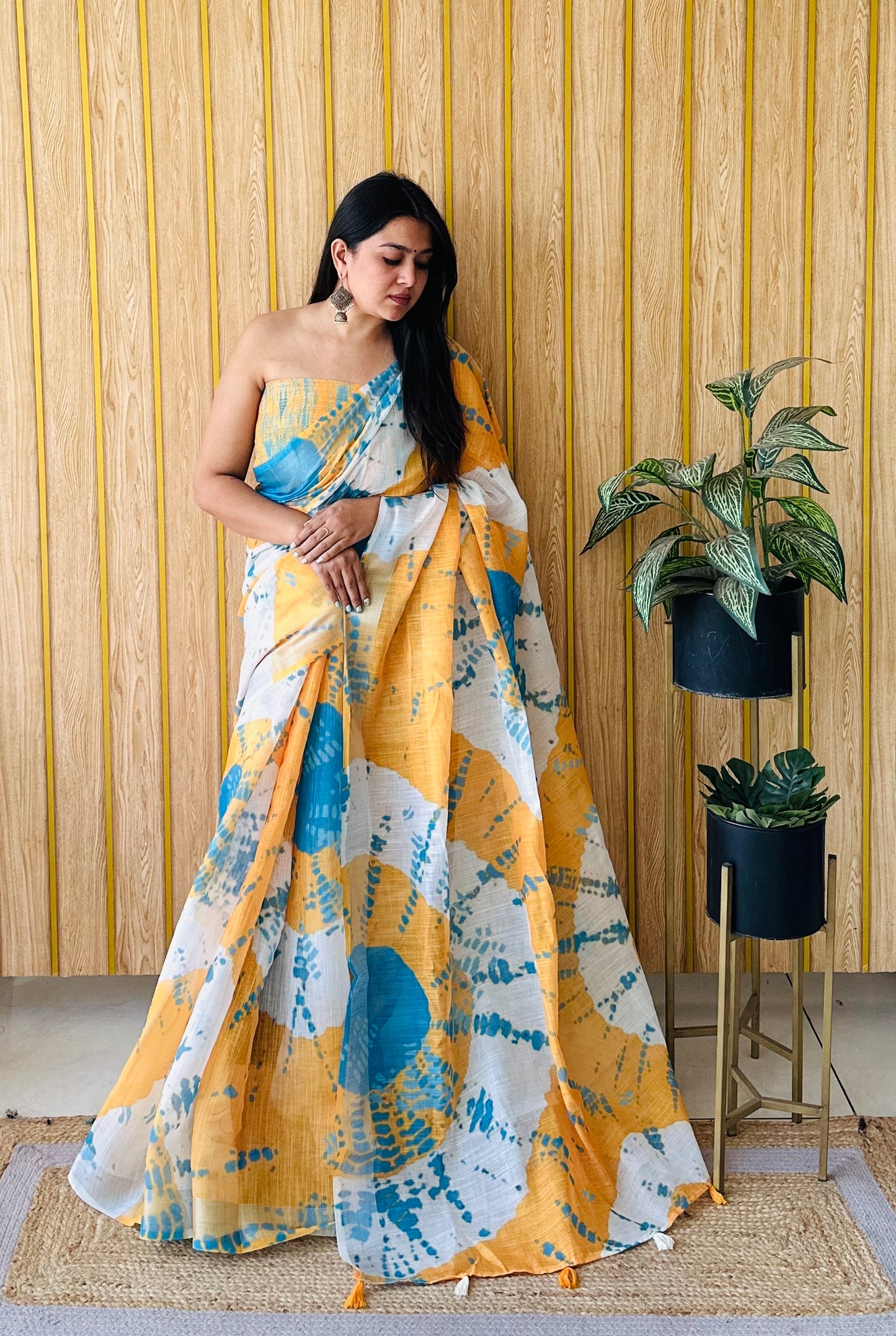 Yellow Color Soft Linen Cotton Digital Print Saree Very Premium And Rich Quality