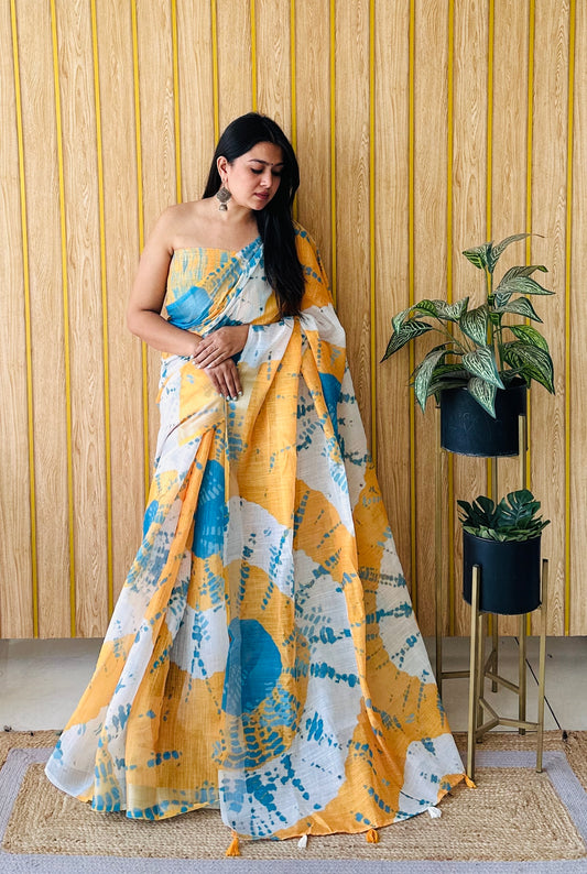 Yellow Color Soft Linen Cotton Digital Print Saree Very Premium And Rich Quality