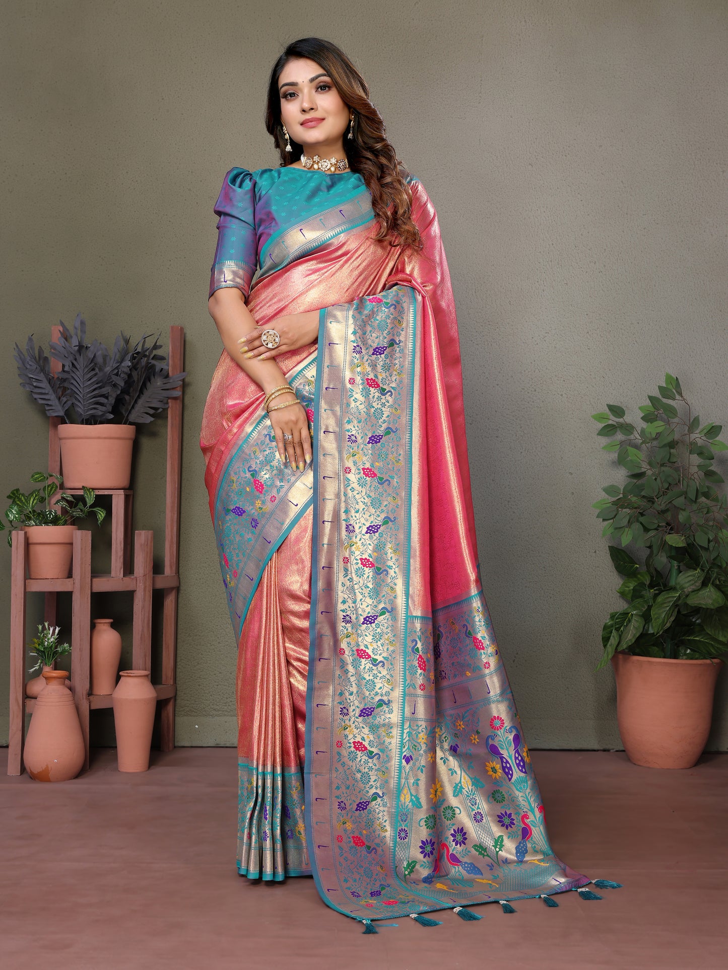 Peach Mrudangi pure banarasi tissue silk sarees With weaving butties