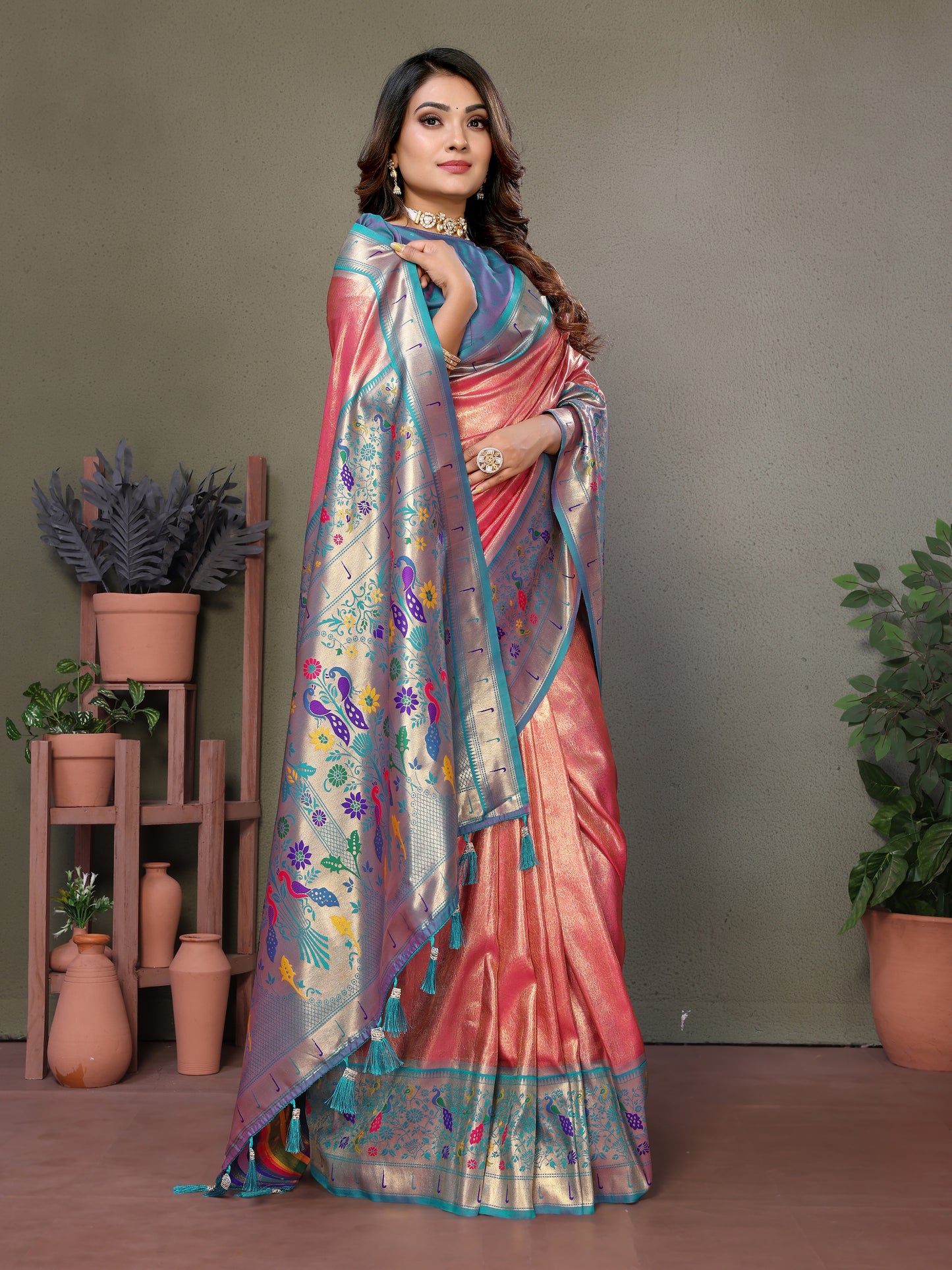 Peach Mrudangi pure banarasi tissue silk sarees With weaving butties