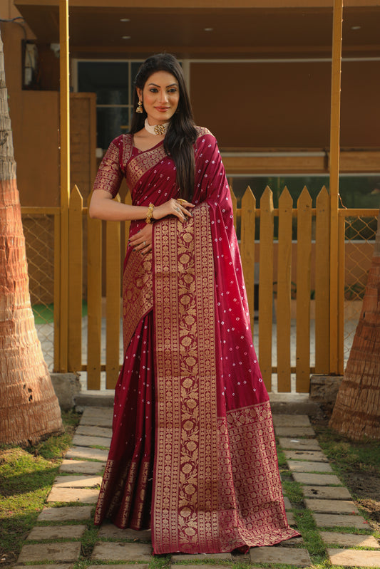Maroon Toral Bandhej Kanjivaram silk saree with Zari Weaving Rich Pallu