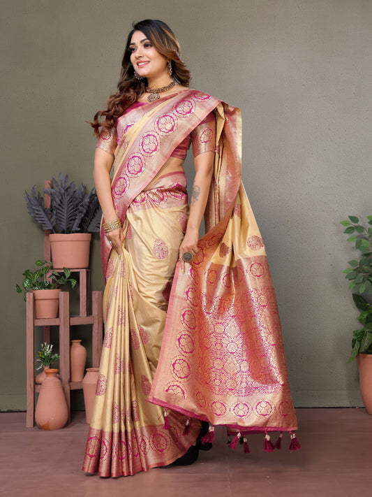 Dark Pink Jugani Viscose silky sarees that are soft and with all over weaving butties in the body