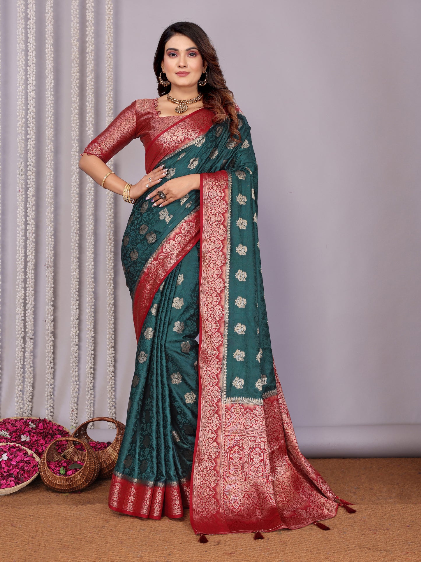 Green Color Exclusive Satin Silk Sarees With All Over Zari Weaving Butta Designs