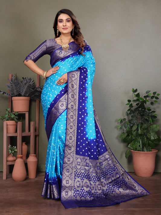 ज़री बुनाई बॉर्डर के साथ नीली सत्यवती बंधेज साटन सिल्क साड़ी