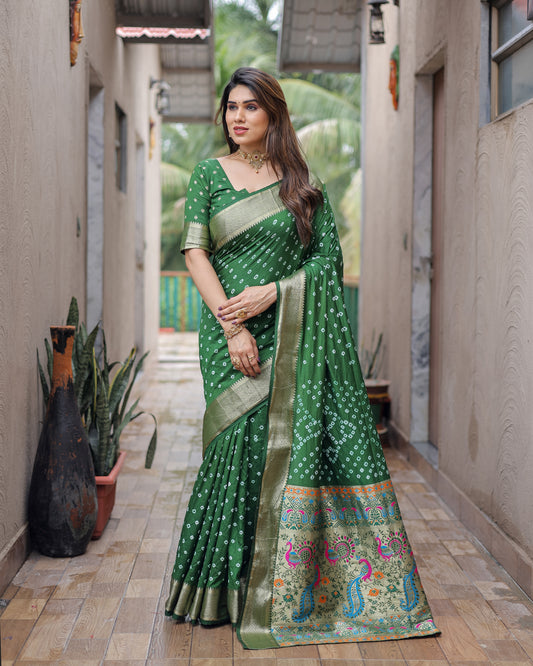 Green Yashomati Dola Soft Silk Bandhej Sarees With Jari Weaving Border