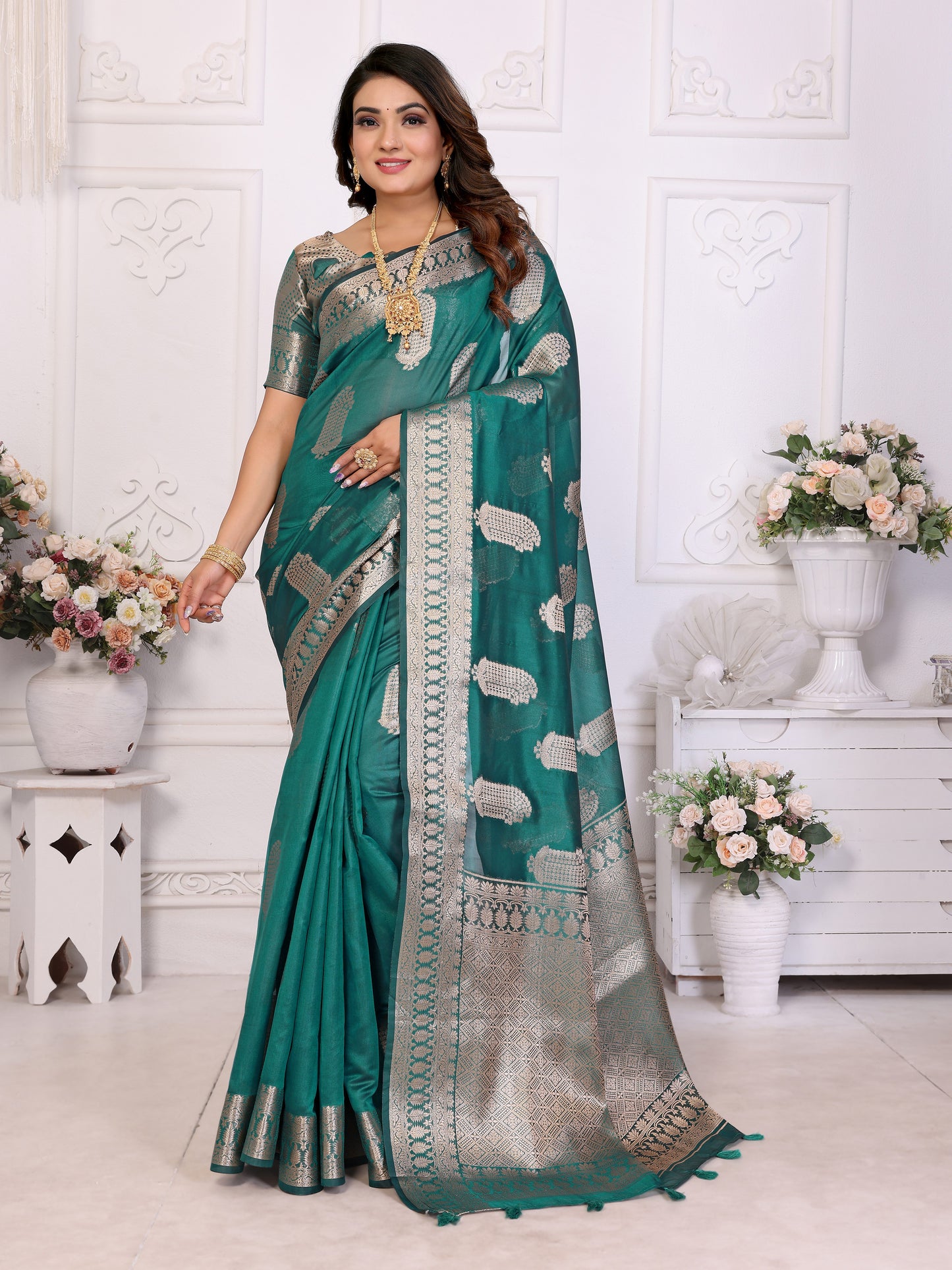 Teal Color Premium And Superior Soft Organza Silk Banarasi Saree Butta With Unique Colour
