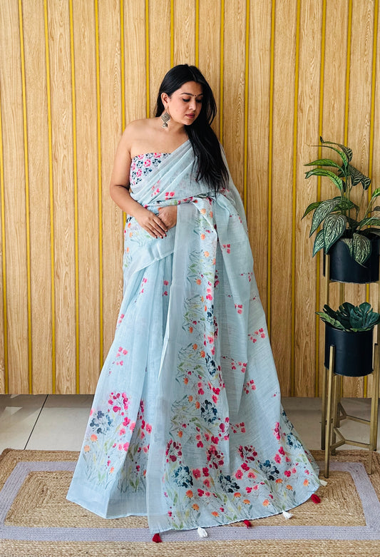 Sea Green Color Premium Quality Beautiful Soft Linen Cotton Digital Print Saree