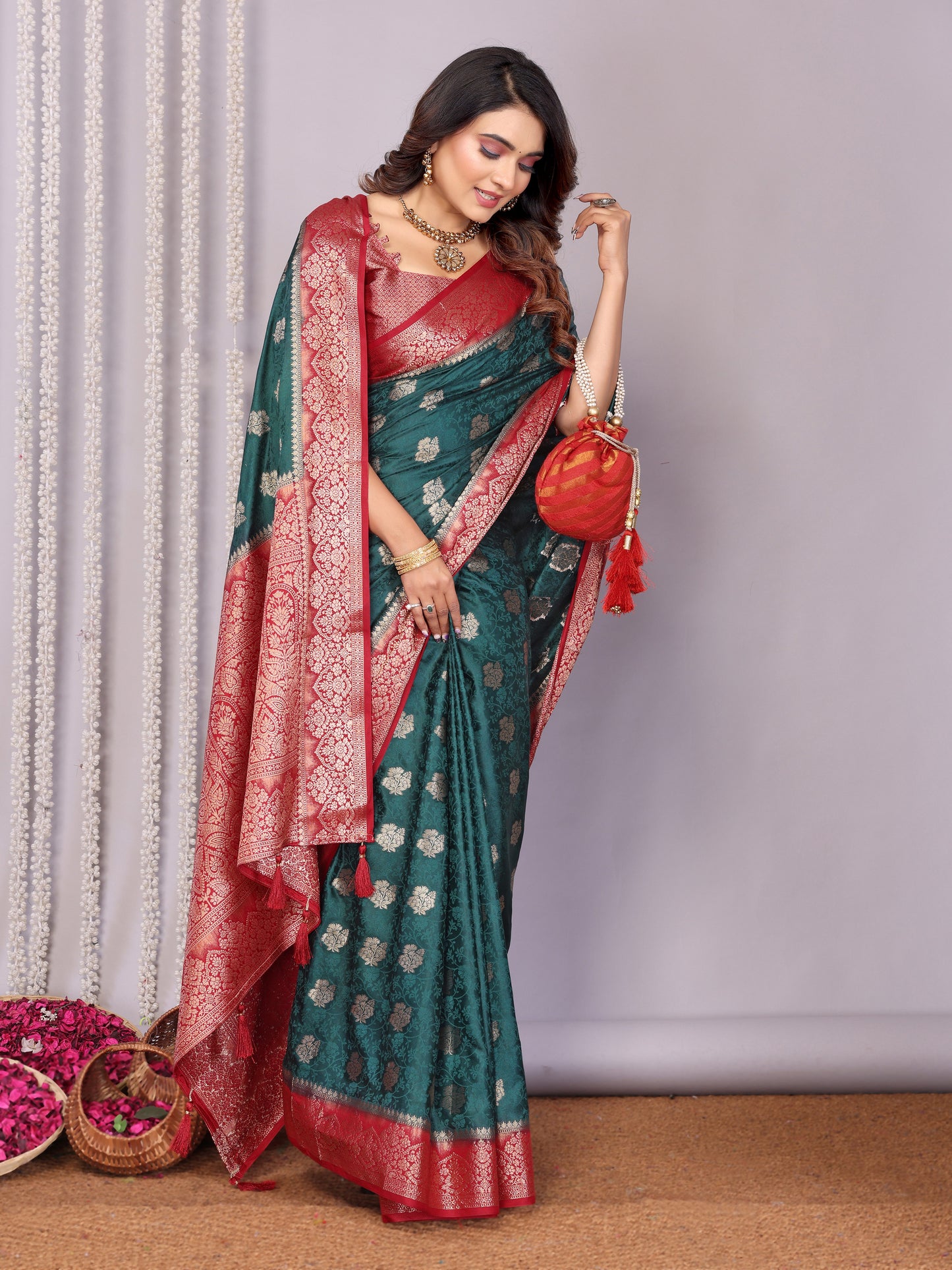 Green Color Exclusive Satin Silk Sarees With All Over Zari Weaving Butta Designs