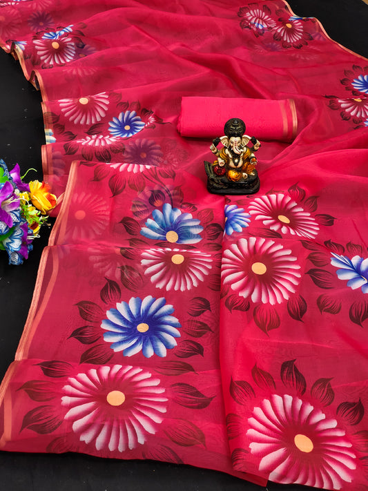 Red Color Traditional And Classic With Best Quality Organza Digital Print