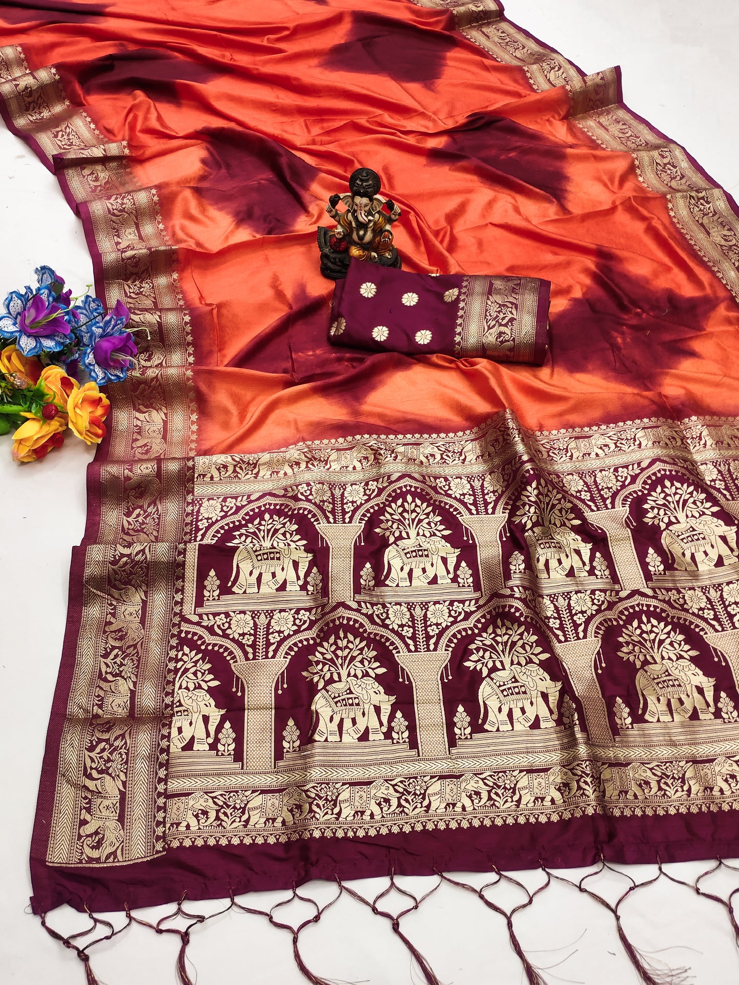 Orange Color Sibory Print Paithani Silk Saree Zari Gold & Minakari Paithani Border