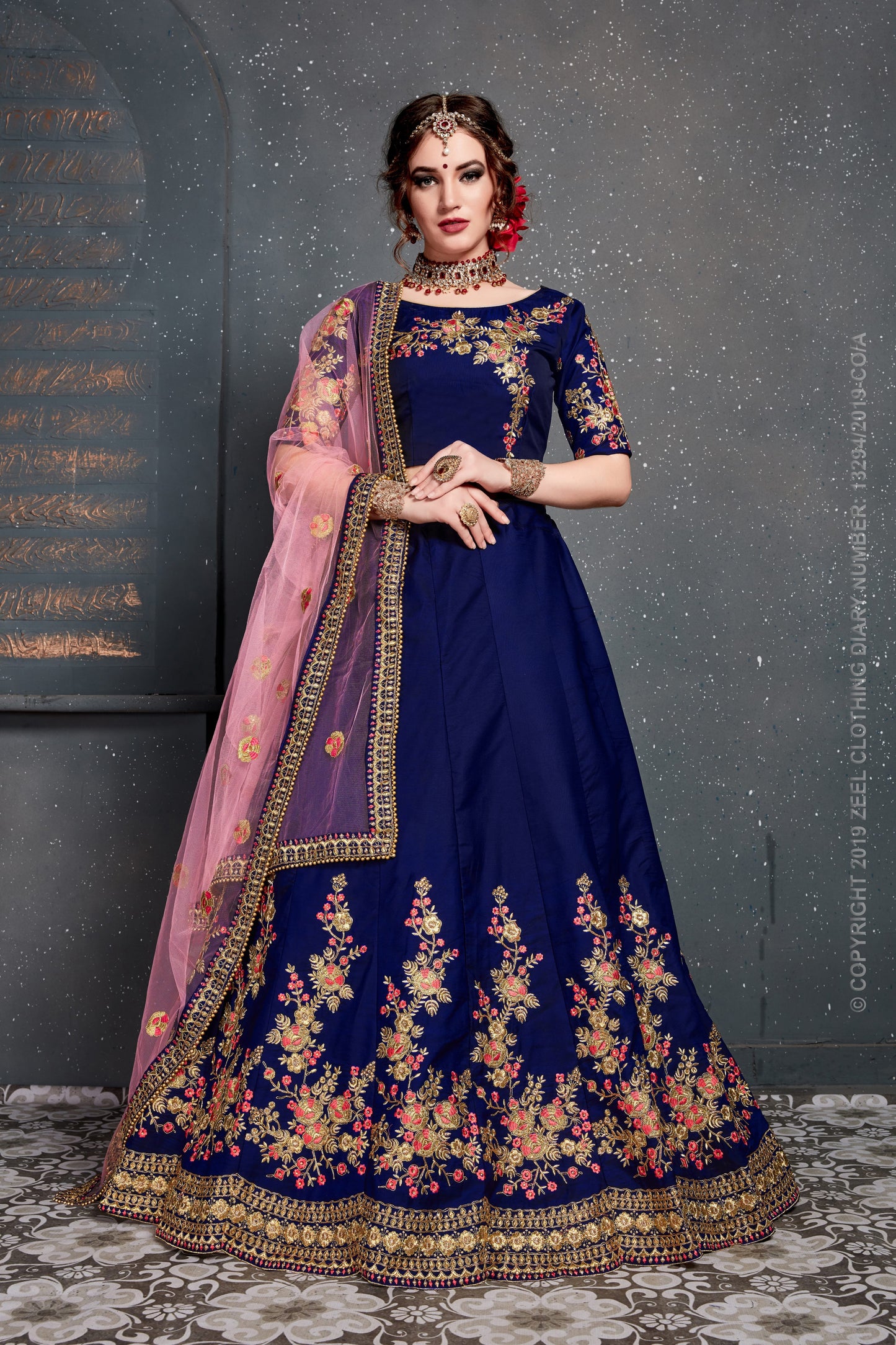 Blue Color Tafeta Satin Silk Thread,Dori, Zari Embroidery With Diamond Work Lehenga Choli