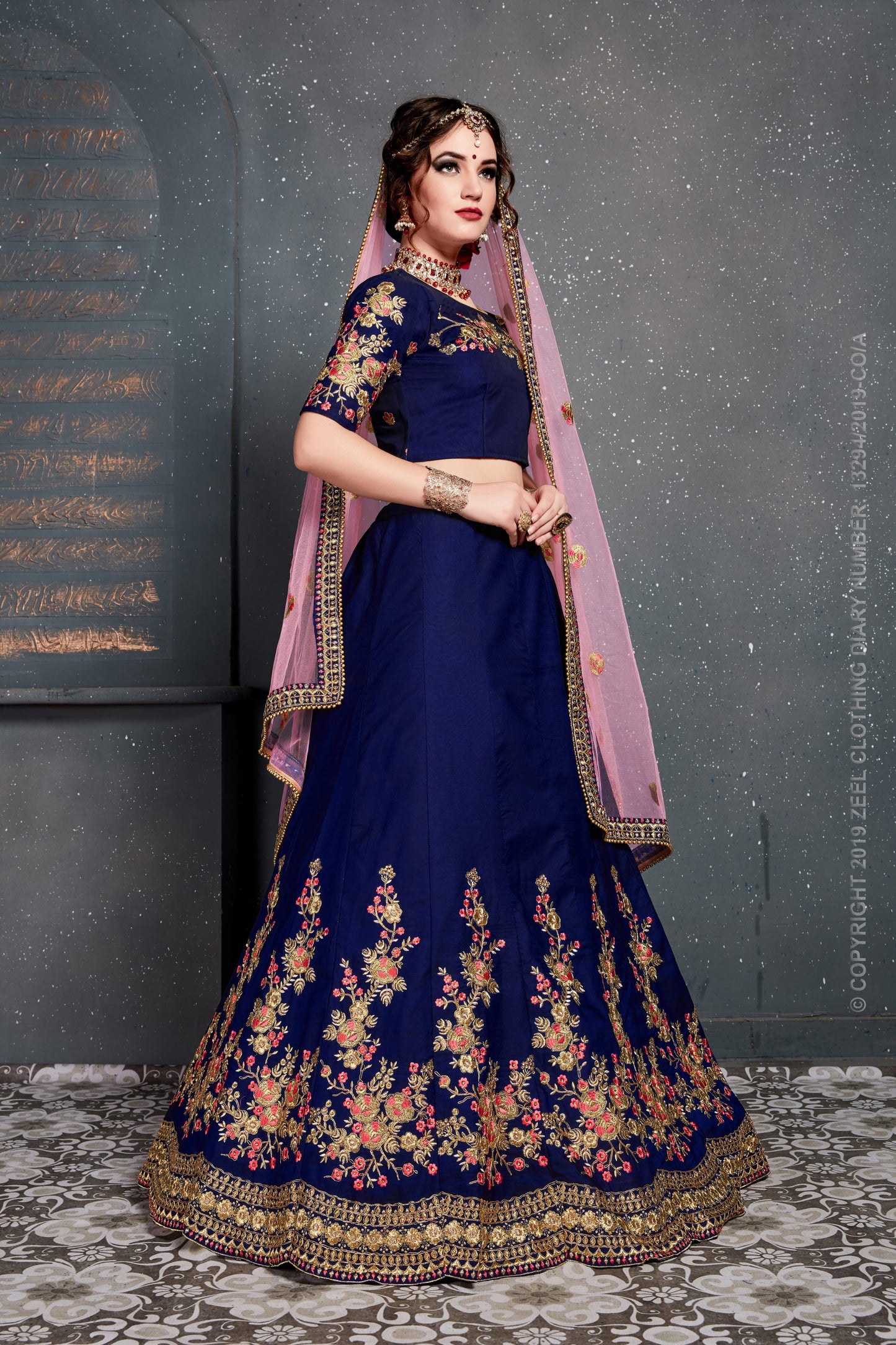 Blue Color Tafeta Satin Silk Thread,Dori, Zari Embroidery With Diamond Work Lehenga Choli