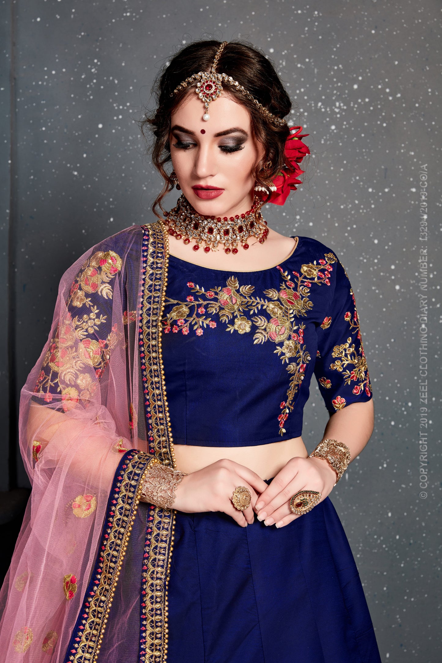 Blue Color Tafeta Satin Silk Thread,Dori, Zari Embroidery With Diamond Work Lehenga Choli