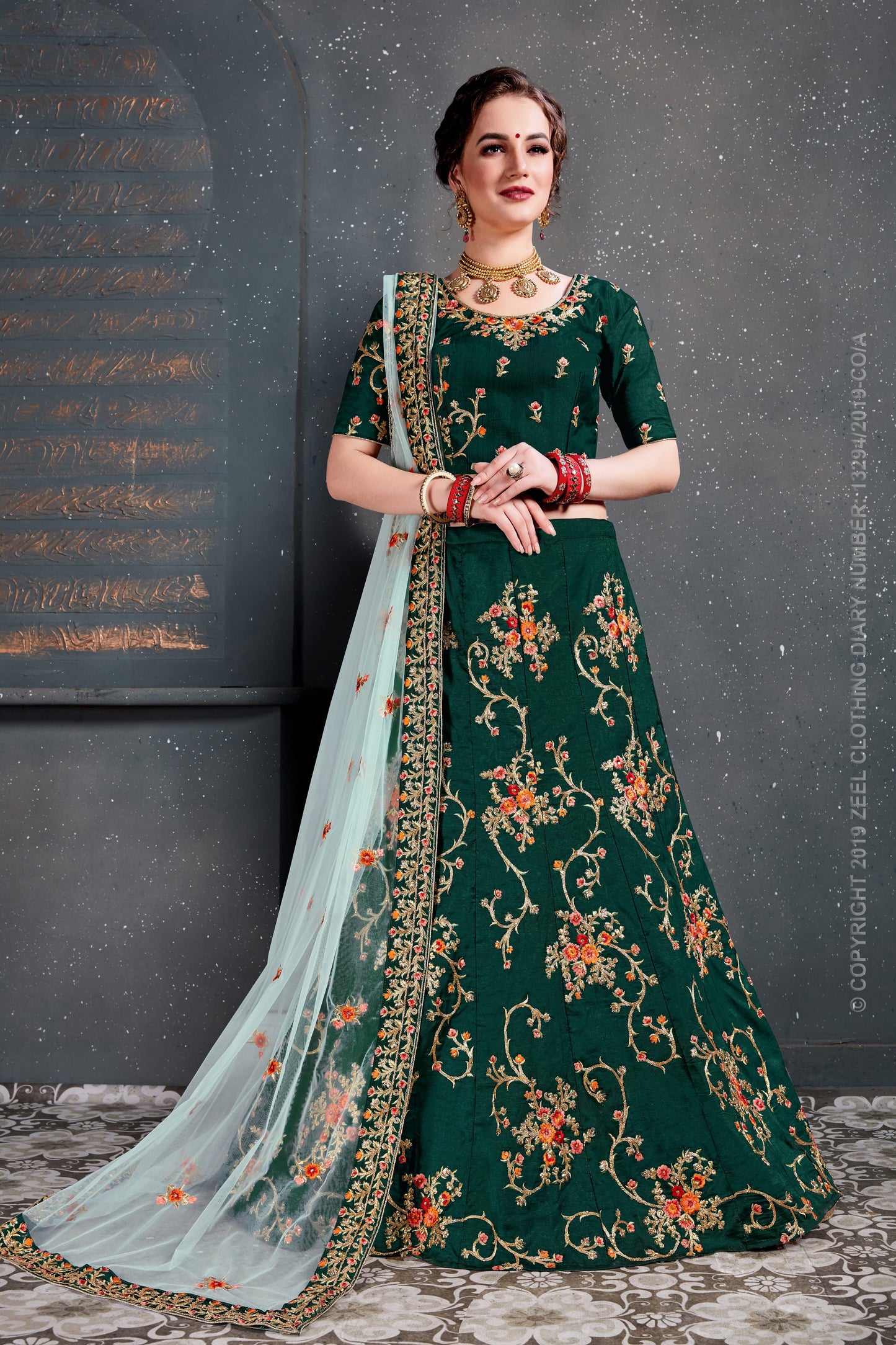 Green Color Tafeta Satin Silk Thread,Dori, Zari Embroidery With Diamond Work Lehenga Choli