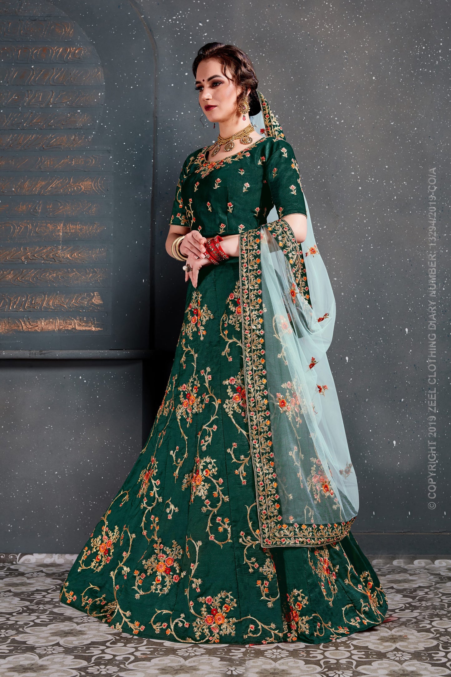 Green Color Tafeta Satin Silk Thread,Dori, Zari Embroidery With Diamond Work Lehenga Choli