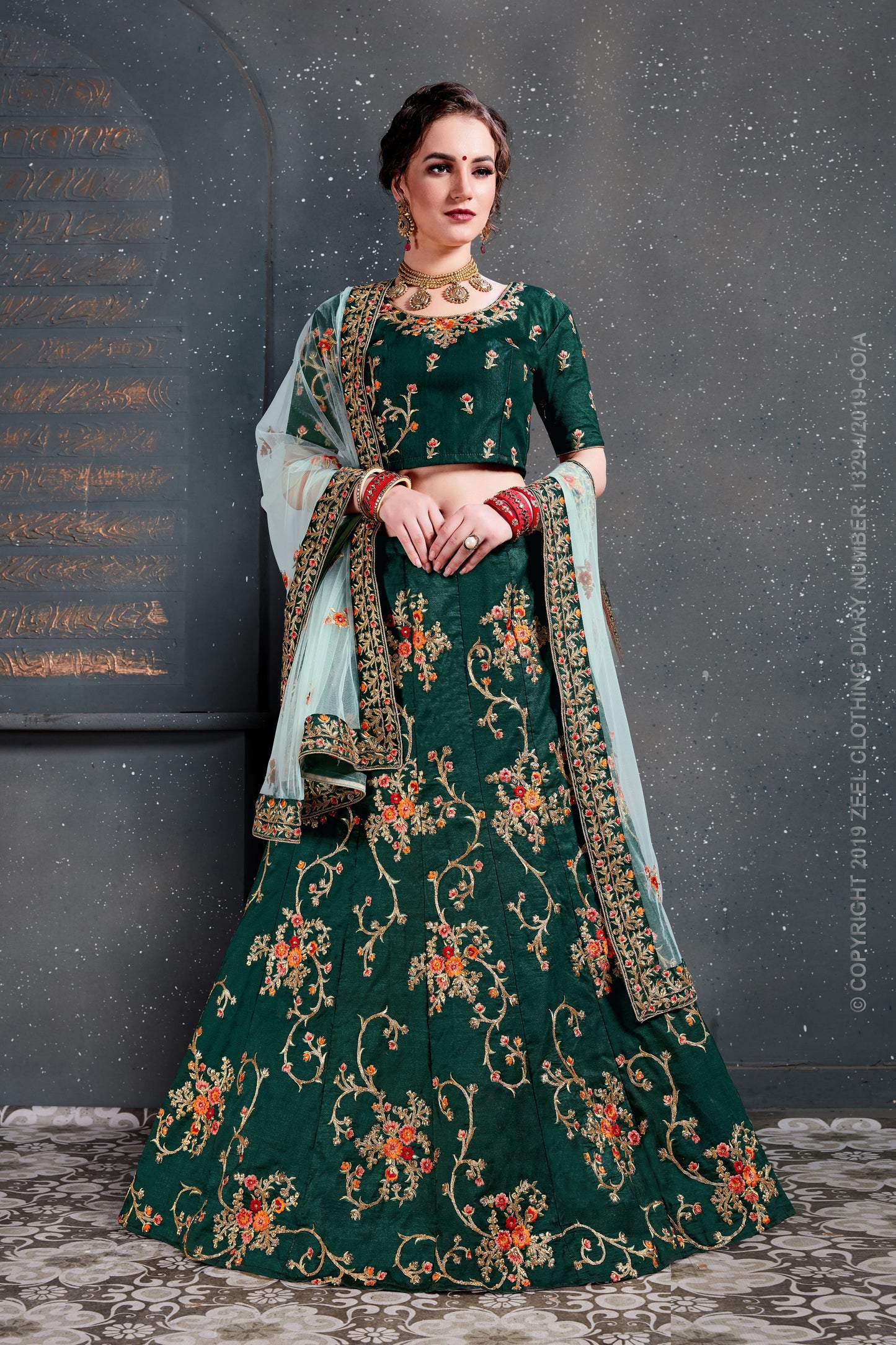 Green Color Tafeta Satin Silk Thread,Dori, Zari Embroidery With Diamond Work Lehenga Choli