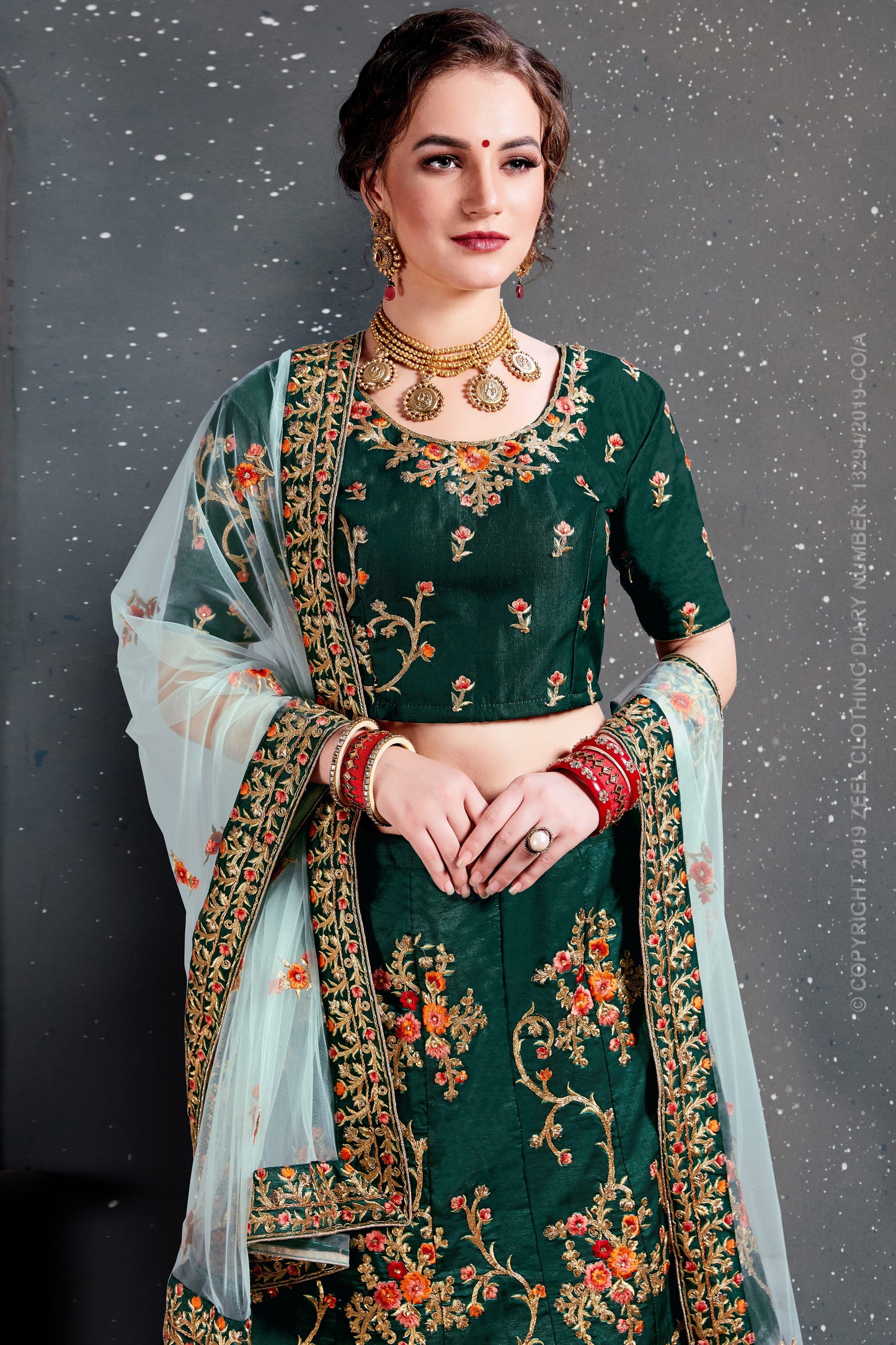 Green Color Tafeta Satin Silk Thread,Dori, Zari Embroidery With Diamond Work Lehenga Choli