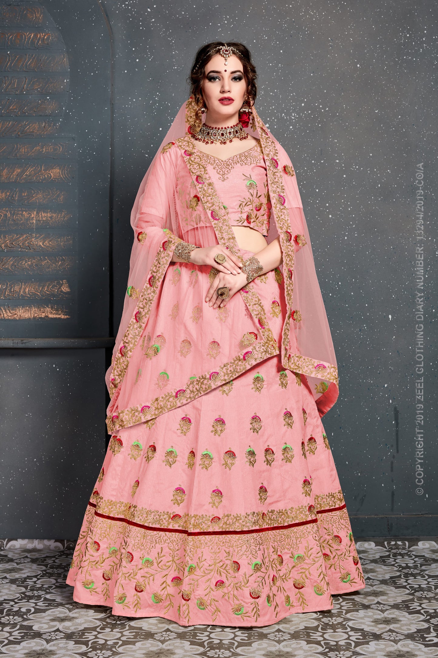 Baby Pink Color Slub Silk Thread,Dori, Zari Embroidery With Diamond Work Lehenga Choli