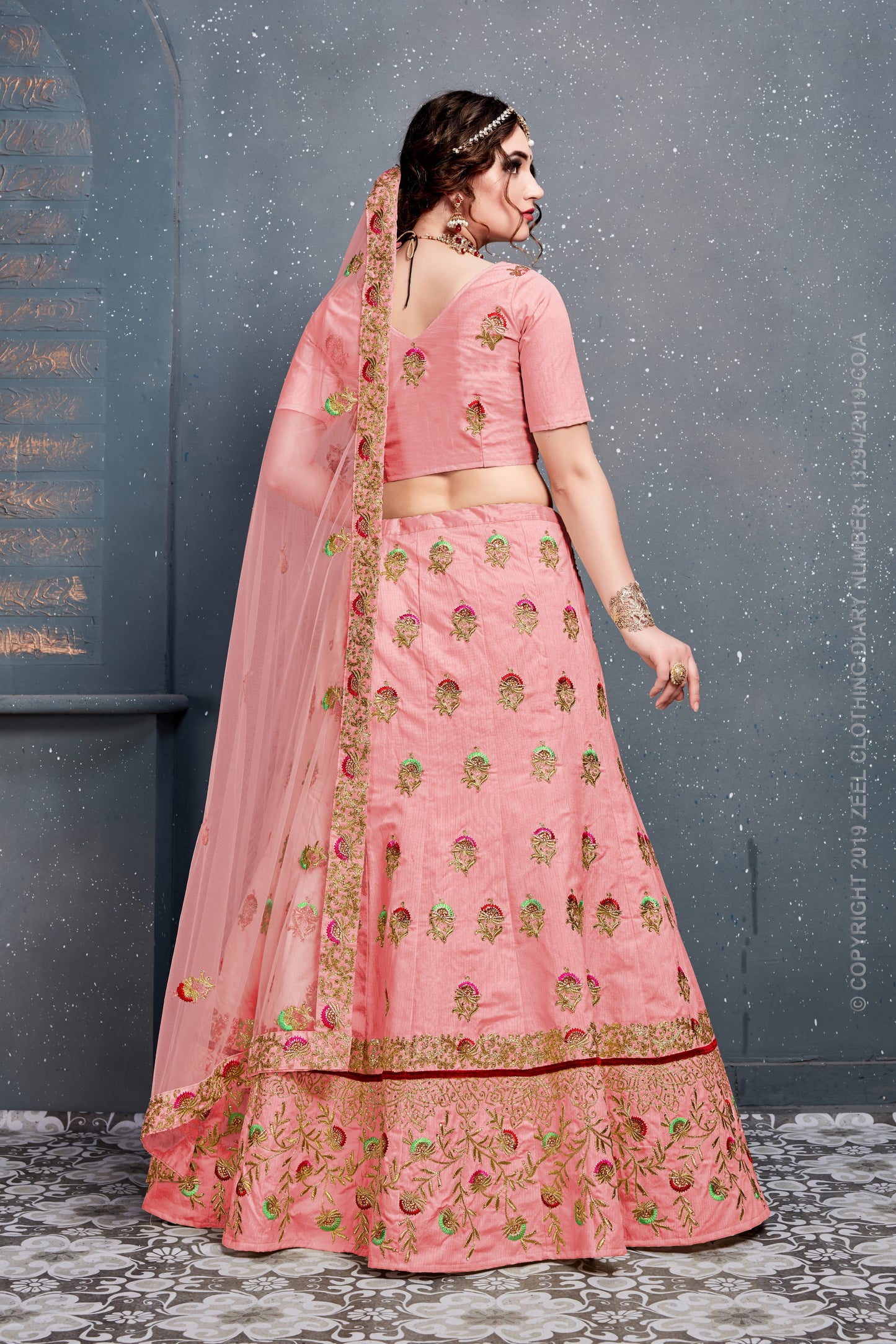 Baby Pink Color Slub Silk Thread,Dori, Zari Embroidery With Diamond Work Lehenga Choli