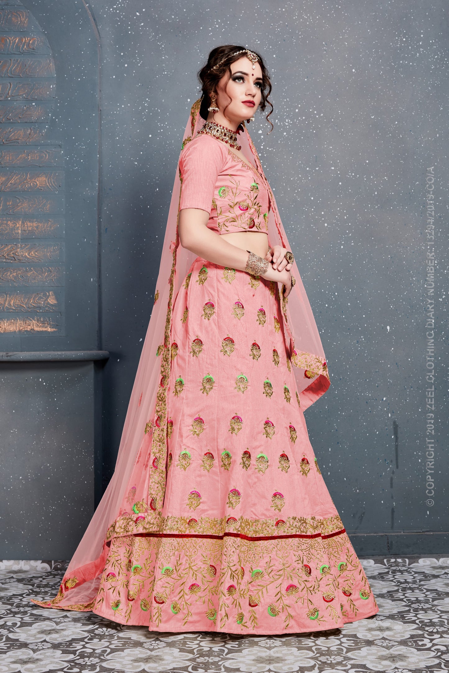 Baby Pink Color Slub Silk Thread,Dori, Zari Embroidery With Diamond Work Lehenga Choli